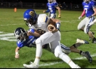 The Vikings Kael Julseth lays a picture -perfect shoulder tackle on Don Bosco’s Cael Frost in last Friday night’s 56-6 loss to the Dons. Frost and the Dons scorched the Vikings defense for 429 yards and seven touchdown’s on the ground.