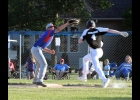 N-K's Etahn Tasker gets the out at first by a step in last nights 11-1 loss to N-P