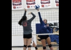 N-K's Olivia Stilley scores a point in Tuesday night's 3-2 win over Riceville. 