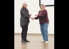 Lori Willert (left) accepted a grant from Gloria Heagel for the Bolan mural project at the recent Jaspers Family Foundation awards announcement.
