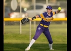 Bulldog Gabby Brandenburg throws the ball to the infield during Monday night's conference game against North Union.