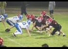 Vikings Alec Ducommun (50), Max Johnson (77) and Jaxon Reyerson (60) on defense during a recent game in Riceville.