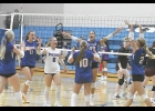 The Vikings celebrate a big kill by Mia Fierova during Saturday's match against Clarksville.